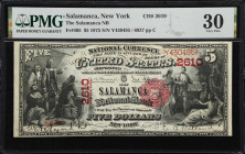 Salamanca, New York. 1875 $5 Fr. 405. Salamanca NB. Charter #2610. PMG Very Fine 30.
Like many banks throughout Upstate New York, the Salamanca Natio...
