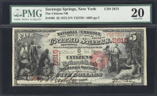Saratoga Springs, New York. 1875 $5 Fr. 405. Citizens NB. Charter #2615. PMG Very Fine 20.
Chartered just before the Series of 1882 was introduced, t...