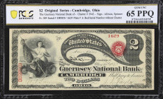 Cambridge, Ohio. $2 Original. Fr. 389. Guernsey NB. Charter #1942. PCGS Banknote Gem Uncirculated 65 PPQ.
A rare state of preservation for any large ...