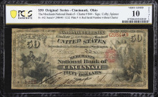 Cincinnati, Ohio. $50 Original. Fr. 442. Merchants NB. Charter #844. PCGS Banknote Very Good 10 Details. Edge and Internal Repairs.
The National Bank...