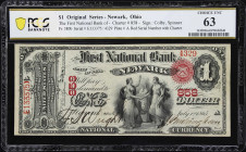 Newark, Ohio. $1 Original. Fr. 380b. First NB. Charter #858. PCGS Banknote Choice Uncirculated 63.
Although National Bank Notes from the likes of Ohi...