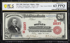 Ripley, Ohio. $20 1902 Red Seal. Fr. 639. Ripley NB. Charter #2837. PCGS Banknote Choice Uncirculated 63 PPQ.
First chartered in 1882 as a succession...