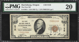 Harrisburg, Oregon. $10 1929 Ty. 1. Fr. 1801-1. First NB. Charter #9146. PMG Very Fine 20.
Issued by an exceedingly rare charter from Linn County in ...