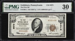 Goldsboro, Pennsylvania. $10 1929 Ty. 1. Fr. 1801-1. First NB. Charter #9072. PMG Very Fine 30.
Even though the National Bank Note Census records a t...