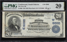 Castlewood, South Dakota. $20 1902 Plain Back. Fr. 660. First NB. Charter #6000. PMG Very Fine 20.
Located in Hamlin County on the eastern plains of ...