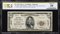 La Follette, Tennessee. $5 1929 Ty. 1. Fr. 1800-1. Peoples NB. Charter #12467. PCGS Banknote Very Fine 20.
Hailing from the rural expanses of Tenness...