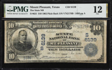 Mount Pleasant, Texas. $10 1902 Plain Back. Fr. 631. State NB. Charter #6139. PMG Fine 12.
Hailing from the seat of Titus County in Northeast Texas. ...