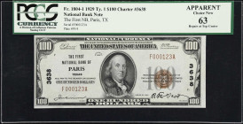Paris, Texas. $100 1929 Ty. 1. Fr. 1804-1. First NB. Charter #3638. PCGS Currency 63 Apparent. Repair at Top Center.
Hailing from the seat of Lamar C...