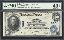 Bethel, Vermont. $100 1902 Plain Back. Fr. 698. National White River Bank. Charter #962. PMG Extremely Fine 40 EPQ.
Even though a National Bank Note ...