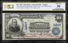 Charlottesville, Virginia. $10 1902 Plain Back. Fr. 632. Farmers & Merchants NB. Charter #11517. PCGS Banknote Very Fine 30.
Issued by one of the sev...