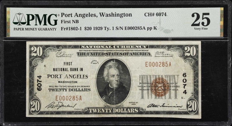 Port Angeles, Washington. $20 1929 Ty. 1. Fr. 1802-1. First NB. Charter #6074. P...