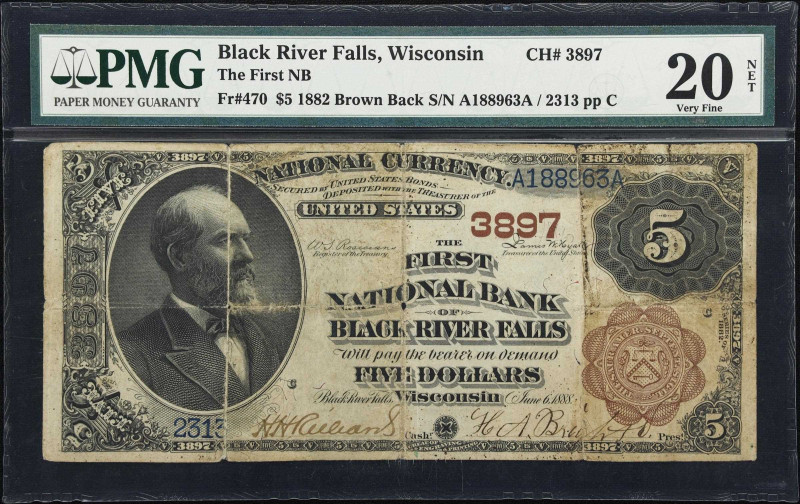 Black River Falls, Wisconsin. $5 1882 Brown Back. Fr. 470. First NB. Charter #38...