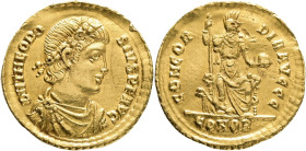 Roman. Theodosius I. Gold Solidus, AD 380-381. Constantinople. Obv: D N THEODOSIVS P F AVG, rosette-diademed, draped and cuirassed bust right. Rev: CO...