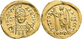Roman. Leo I. Gold Solidus, AD 462 or 466. Constantinople. Obv: D N LEO PERPET AVG, pearl-diademed, helmeted and cuirassed bust facing slightly right,...