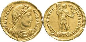 Valentinian I. AD 364-375. AV Solidus . Antioch mint, 2nd officina. Struck AD 364-367. Pearl-diademed, draped, and cuirassed bust right / Valentinian ...