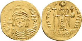 MAURICIUS TIBERIUS, 582-602 , Constantinopolis , Solidus officina H, Obv. oN mAURc – TIb PP AVG Helmeted, draped and cuirassed bust facing, holding gl...