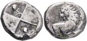 THRACE. Chersonesos. Circa 386-338 BC. AR Hemidrachm . Obv: Forepart of lion right, head left. Rev: Quadripartite incuse square, with alternating rais...