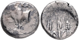 BITHYNIA. Kalchedon. 366-340 BC. AR Hemidrachm . Obv: KAΛ. Forepart of bull left on grain ear; monogram to left. Rev: Three grain ears.Ref: SNG BM Bla...