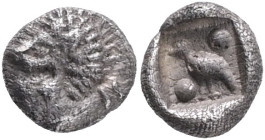 Caria, incertum. Mylasa or Miletos (?). AR Tetartemorion, c. 420-390 BC. Obv. Forepart of Lion right. Rev. Bird within rectangular incuse, two dots in...