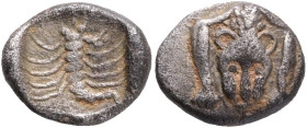 CARIA, Mylasa Circa 450-400 BC. AR Obol Facing forepart of lion / Scorpion, tail to right. SNG Kayhan 934; SNG Copenhagen 379 (Uncertain Coins of Asia...