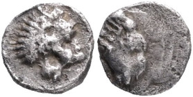 CARIA, Uncertain. Circa 400-340 BC. AR Tetartemorion . Head of ram right / Roaring lion's head right. Troxell, "Carians in Miniature," Studies Mildenb...