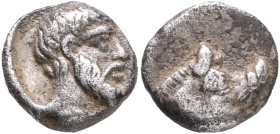 CARIA. Euromos. 5th century B.C. AR hemiobol. Forepart of boar running right / Bearded head of Zeus Lepsynos right. Karl 115-117. Klein 513. SNG Kayha...