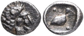 Caria. Mylasa 420-390 BC.Tetartemorion AR Head of lion right / Bird right, pellets in field above left and below right; all within incuse square.SNG K...