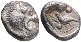 Caria. Mylasa 420-390 BC.Tetartemorion AR Head of lion right / Bird right, pellets in field above left and below right; all within incuse square.SNG K...