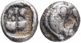 CARIA. Uncertain mint. Circa 450 BC. Obol (Silver, 8 mm, 0.67 g, 3 h). Stylized head of lion(?) to right. Rev. Lion mask facing within incuse square. ...
