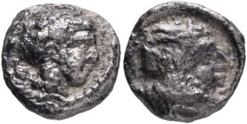 Cilicia, Nagidos AR Obol ca 400-380 BC, Obv: Head of Aphrodite right, N in left field., Rev: Head of Dionysos right, SNG Paris 15 var. Silver Weight 0...