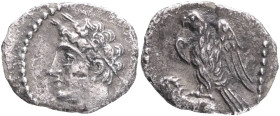 CILICIA. Uncertain. (4th century BC).AR obol. Obv: Head left, wearing wreath of grain ears. Rev: Eagle, with spread wings, standing left on the back o...