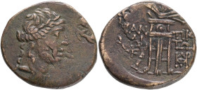 CIMMERIAN BOSPOROS, PANTIKAPAION Mithridates VI. Eupator, (90-79 BC) Æ Tetrachalkon.Obv.: Wreathed head of Dionysos right. Rev.: Tripod and thyrsus, m...