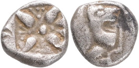 Ionia, Miletos, Obol 525-475 BC Obverse: head of lion right Reverse: ornament in the form of a four-leaf flower inside an incusum square SNG von Auloc...