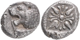 Ionia. Miletos circa 520-450 BC. Diobol AR Forepart of a roaring lion left, head turned back to right / Stellate pattern within incuse square. good ve...