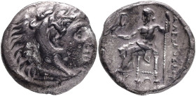 Kingdom of Macedon. Alexander III, "The Great". Drachm. 323-319 BC. Anv.: Head of Heracles right, wearing lion skin headdress, paws tied before neck. ...