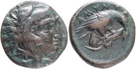 Kings of Macedon. . Amyntas III. (393-369 BC)Æ. Obv.: Head of Herakles right in lion skin, within dotted border / [AMYNT]-A; eagle right, serpent in i...