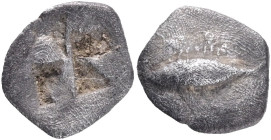 Mysia, Kyzikos AR Hemiobol. c. 550-500. Lotus flower; tunny to r. / Quadripartite incuse square. Cf. CNG 69, Silver Weight 0.46g, 7mm. Toned

VF
