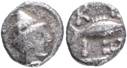 Mysia, Kyzikos AR Hemiobol. Circa 450-400 BC. Head of Hermes to right, wearing winged conical helmet / Tunny to right; KY-IΣ above and below; all with...
