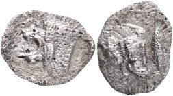 Mysia, Kyzikos, AR Hemiobol, 450-400BC Obv: Forepart of boar left; to right, tunny upward., Rev: Head of roaring lion left; star to upper left; all wi...