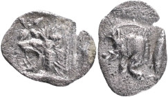 Mysia, Kyzikos, AR Hemiobol, 450-400BC Obv: Forepart of boar left; to right, tunny upward., Rev: Head of roaring lion left; star to upper left; all wi...
