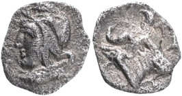 Mysia, Kyzikos, Hemiobol , 450-400 BC Obverse: head of Attis to left, wearing Phrygian cap Reverse: head and neck of bull to right, SNG von Aulock 733...