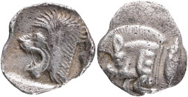 Mysia, Kyzikos, Obol 450-400 BC Obverse: forepart of boar left, tunny to right Reverse: head of lion left, retrograde K aboveDiameter Silver, weight 0...