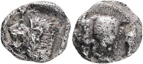 Mysia, Kyzikos, Obol 450-400 BC Obverse: forepart of boar left, tunny to right Reverse: head of lion left, retrograde K aboveDiameter Silver, weight 0...