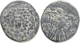 Pontos, Amisos. Mithradates VI (120-63 BC) AE local civic issue under Mithridates VI. Facing Gorgoneion as boss of fleece (aegis)-covered, octagonal s...
