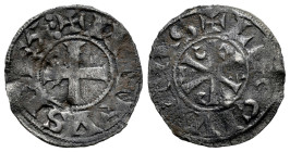 Reino de Castilla y León. Alfonso VI (1073-1109). Dinero. León. (Bautista-7). (Imperatrix-A6:12.7). Anv.: + ANFVS REX︙. Rev.: + LEO CIVITAS. Ve. 1,13 ...