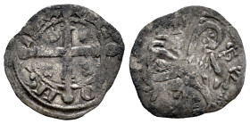 Reino de Castilla y León. Alfonso IX (1188-1230). Dinero. Santiago de Compostela. (Bautista-216.2). Ve. 0,67 g. Cruz y venera sobre el león, S-I entre...