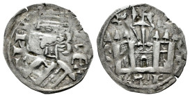 Reino de Castilla y León. Alfonso VIII (1158-1214). Dinero. ¿León?. (Bautista-318). Ve. 0,55 g. Roel estrellado y L sobre el castillo. Escasa. MBC. Es...