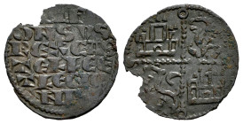 Reino de Castilla y León. Alfonso X (1252-1284). Dinero de seis líneas. (Bautista-363.2). Ve. 0,61 g. Roeles en los extremos de los ejes del cuartelad...