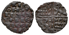 Reino de Castilla y León. Alfonso X (1252-1284). Dinero de seis líneas. (Bautista-365.2). (Abm-234.1 var). Ve. 0,77 g. Roseta en el 1º cuadrante y dos...