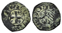 Reino de Castilla y León. Sancho IV (1284-1295). Seisen o Meaja Coronada. Sin ceca. (Bautista-No cita). (Imperatrix-S4:7.1). Ve. 0,52 g. León rampante...